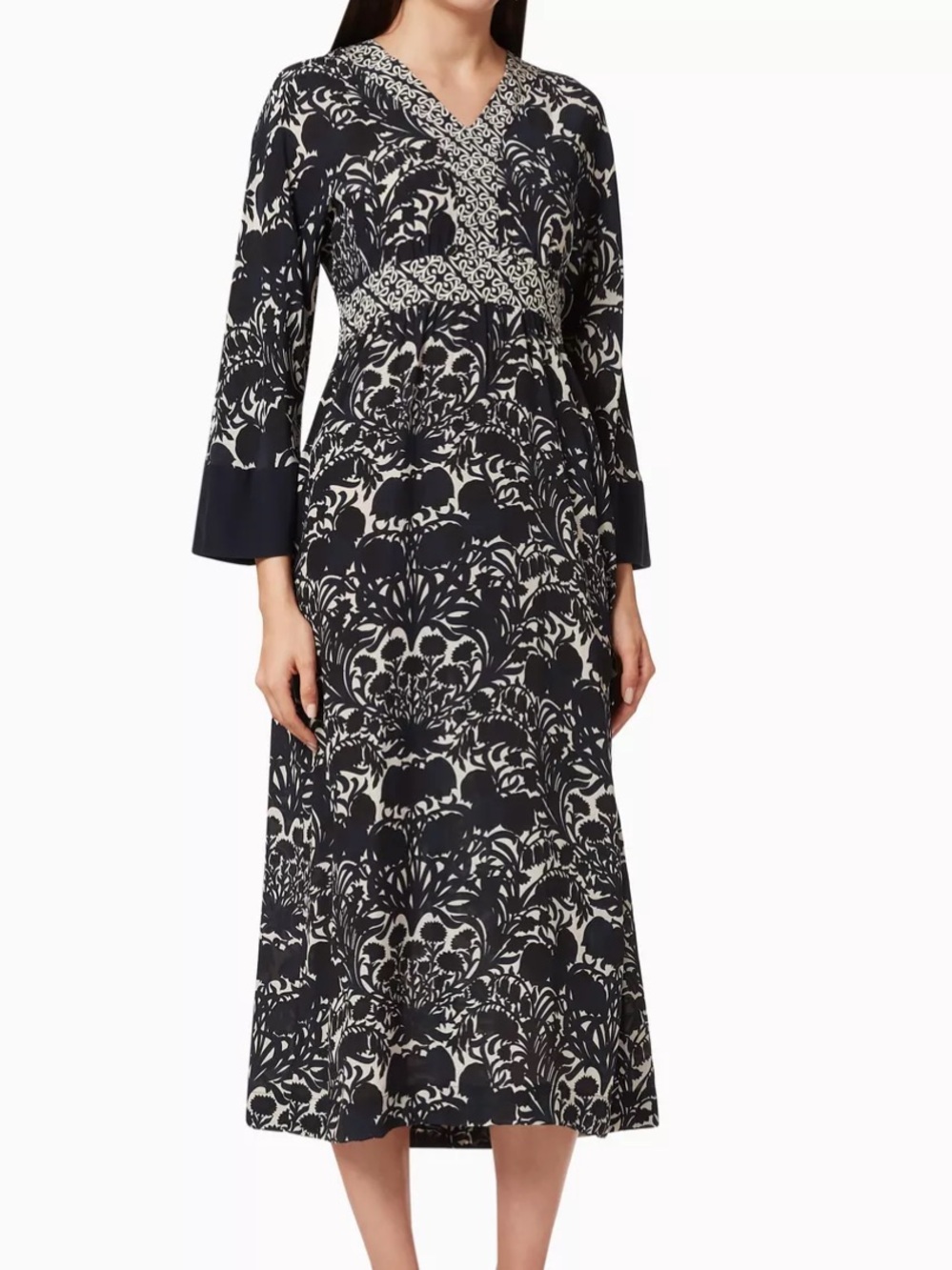 "S Max Mara Navy Cicladi Printed Midi 100% Silk Dress Medium 3/4 Sleeves Luxury